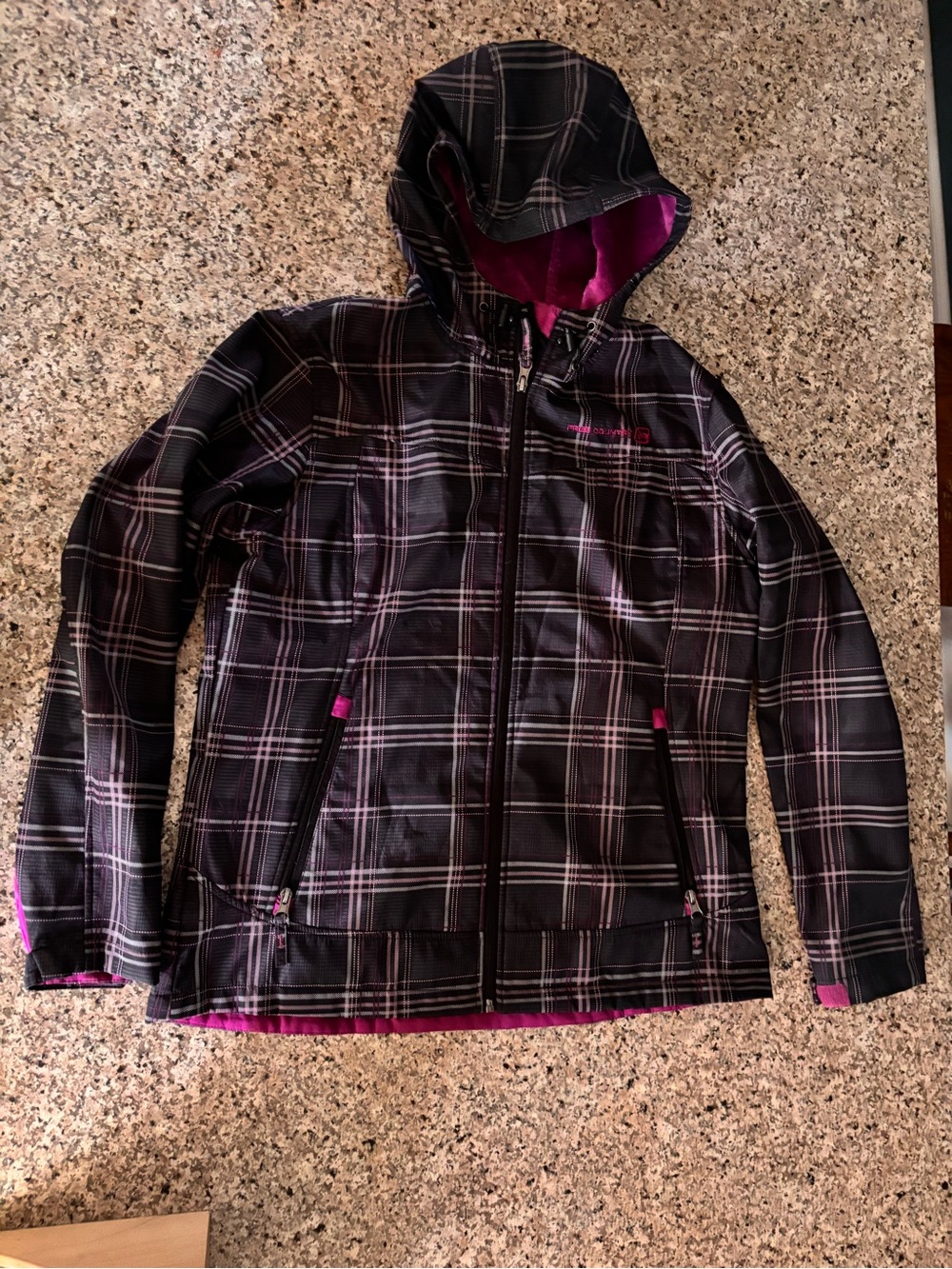 Free Country Black Plaid Hooded Ski Jacket with Pink Accents